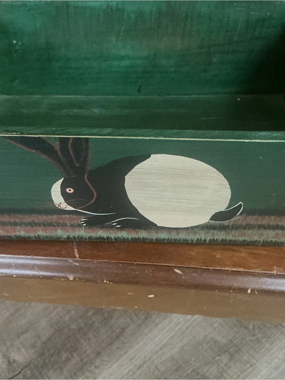 Vintage Warren Kimble Wooden Box Folk Art Green Trunk Bunny Rabbit Keepsake 12